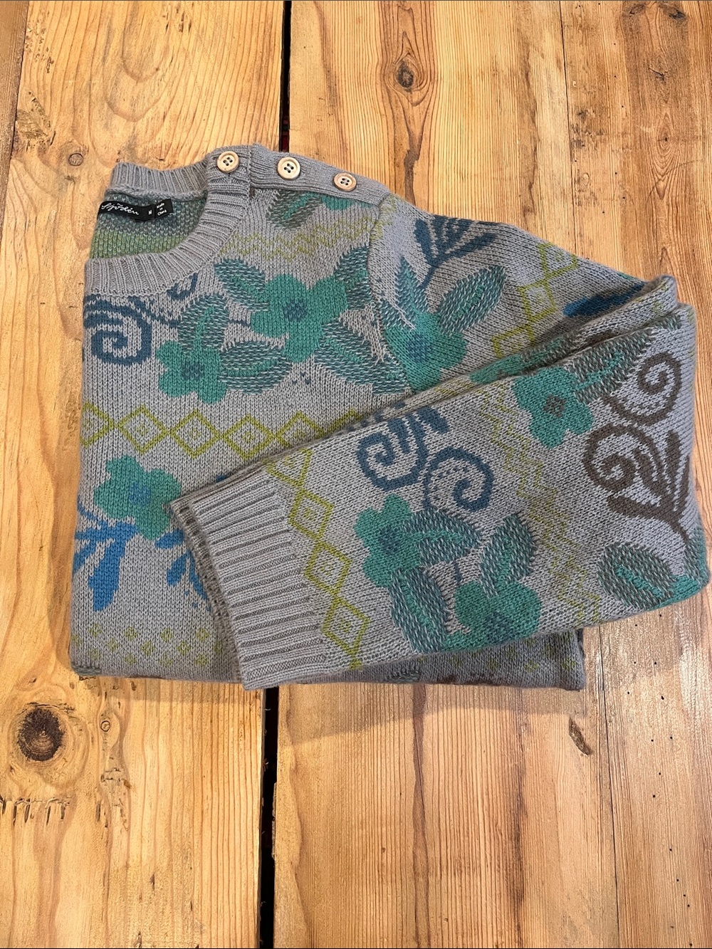 GUDRUN SJODEN M Blue Floral Fisherman's Crew Neck Sweater 100% Wool